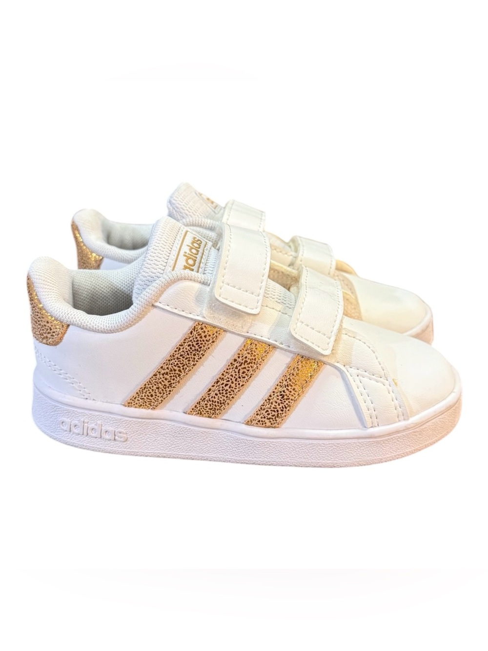 Adidas Grand Court Toddler Sneakers – White / Matte Gold Glitter Kids Size 8